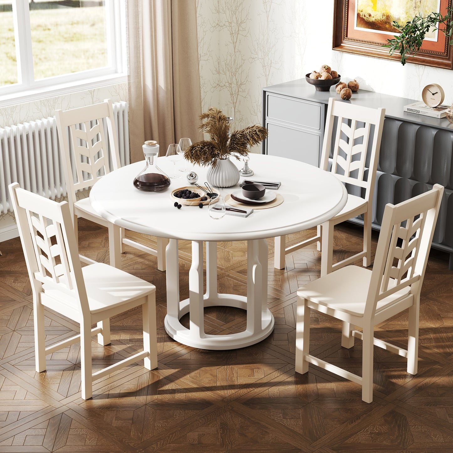 Wooden Dining Chairs with High Backrest and Rubber Wood Frame – White, Set of 2