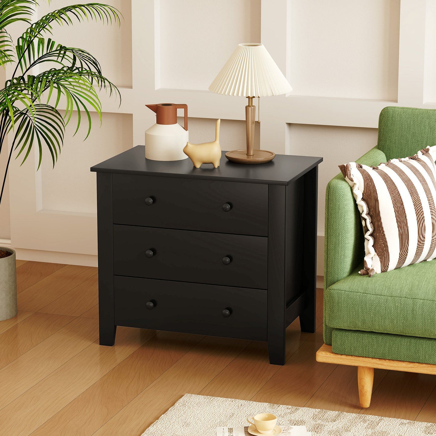 3-Drawer Storage Dresser Chest, Compact Bedside Table with Organizational Drawers – Black Wood Grain