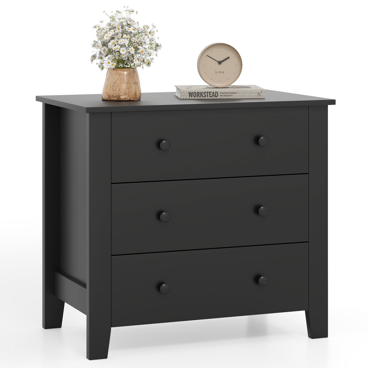 3-Drawer Storage Dresser Chest, Compact Bedside Table with Organizational Drawers – Black Wood Grain