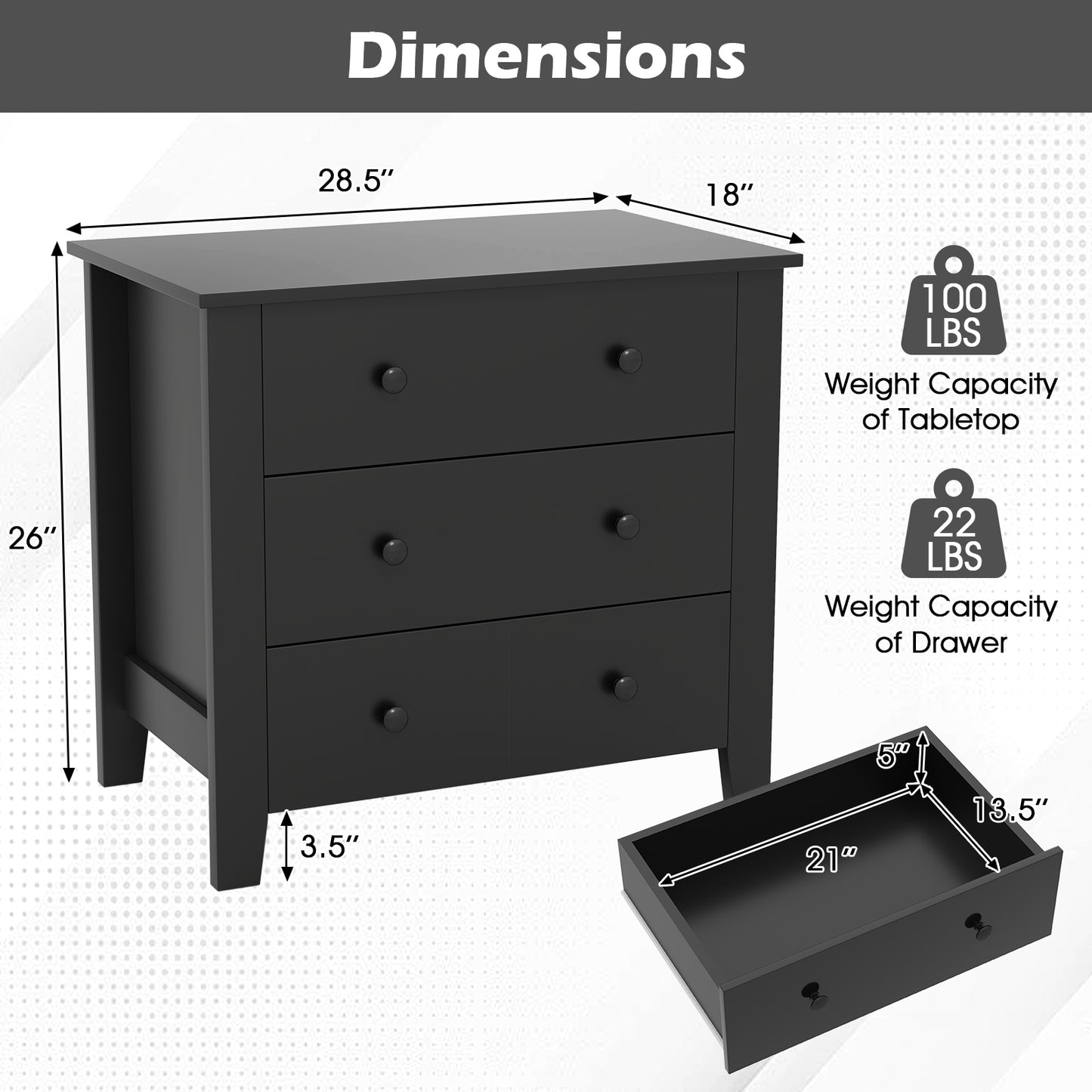 3-Drawer Storage Dresser Chest, Compact Bedside Table with Organizational Drawers – Black Wood Grain