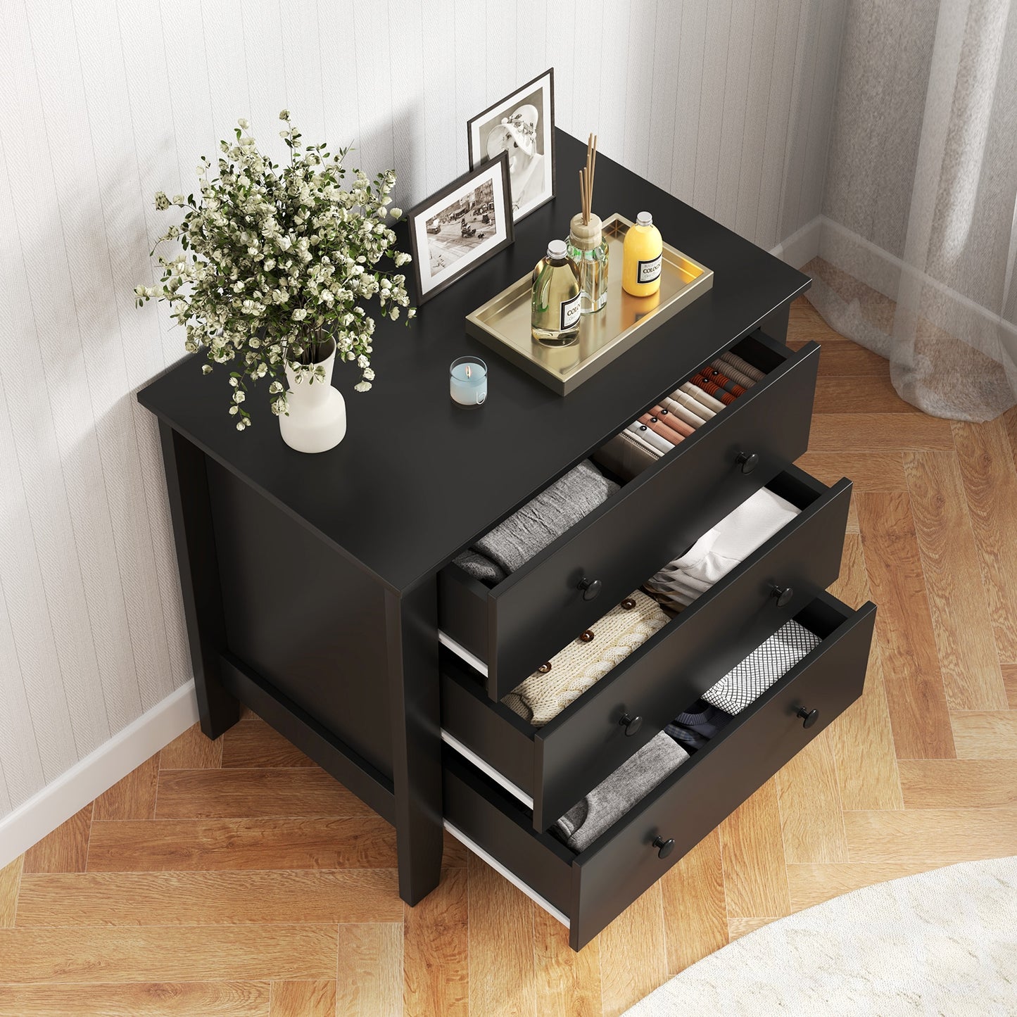 3-Drawer Storage Dresser Chest, Compact Bedside Table with Organizational Drawers – Black Wood Grain