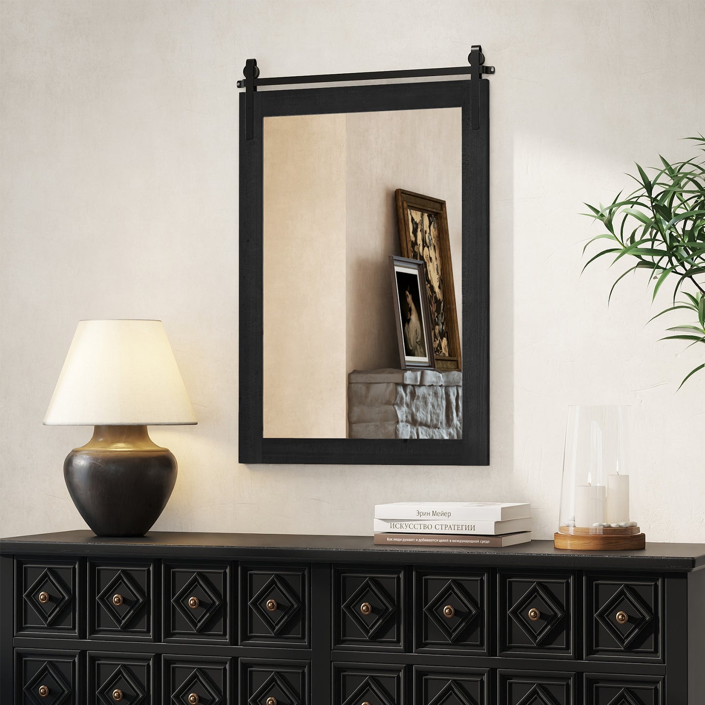 Rustic Farmhouse Barn Door Wall Mirror with Solid Wood Frame - Black