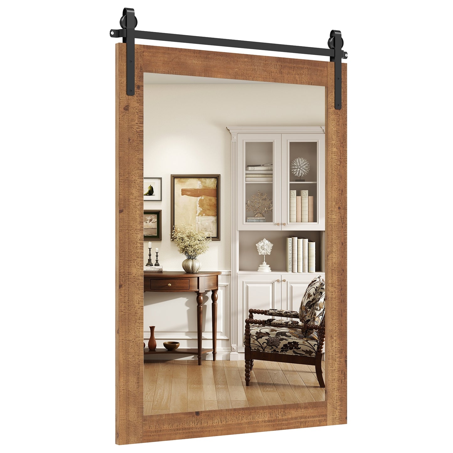 Rustic Farmhouse Barn Door Wall Mirror with Solid Wood Frame - Brown