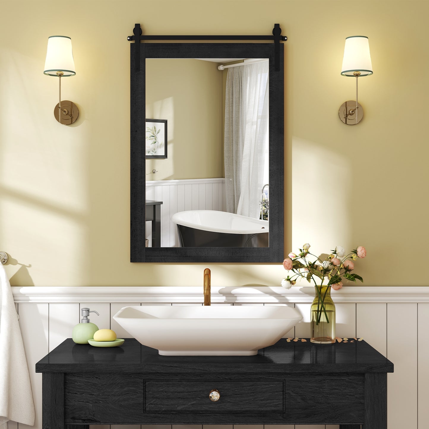 Rustic Farmhouse Barn Door Wall Mirror with Solid Wood Frame - Black