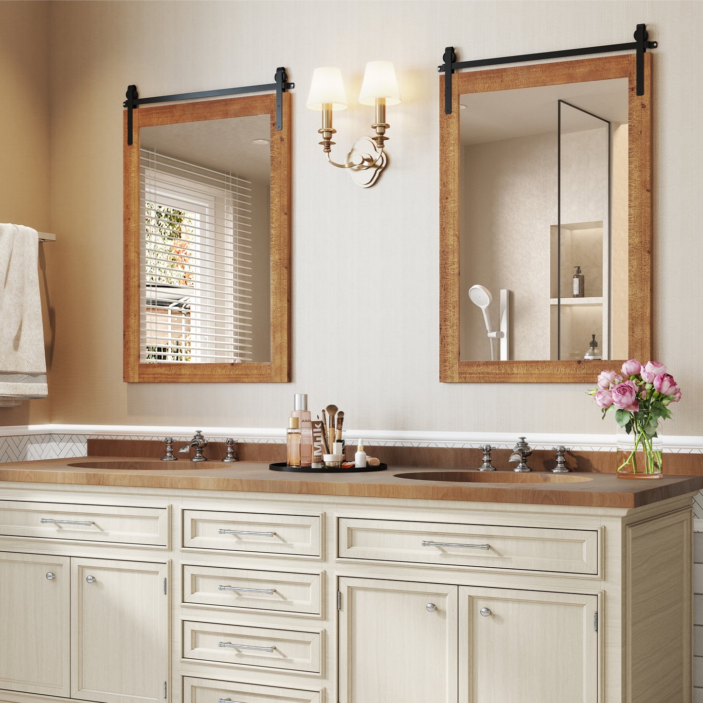Rustic Farmhouse Barn Door Wall Mirror with Solid Wood Frame - Brown