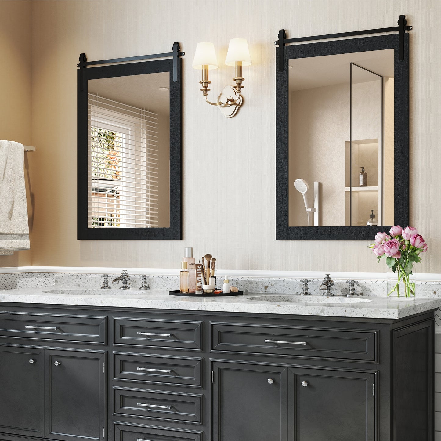 Rustic Farmhouse Barn Door Wall Mirror with Solid Wood Frame - Black