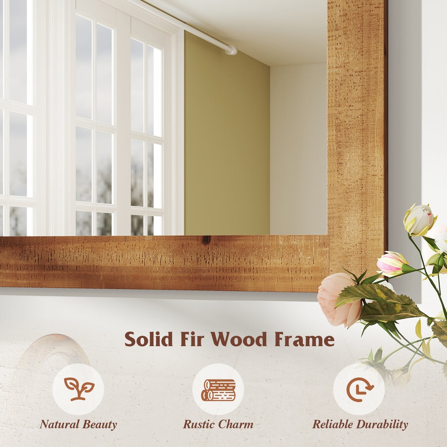 Rustic Farmhouse Barn Door Wall Mirror with Solid Wood Frame - Brown