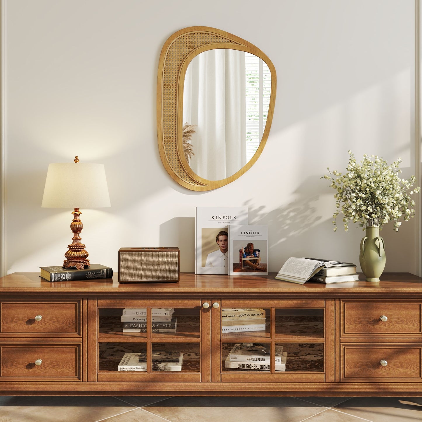 Boho Chic Irregular Wall Mirror with Wooden Frame – Decorative Accent for Any Room