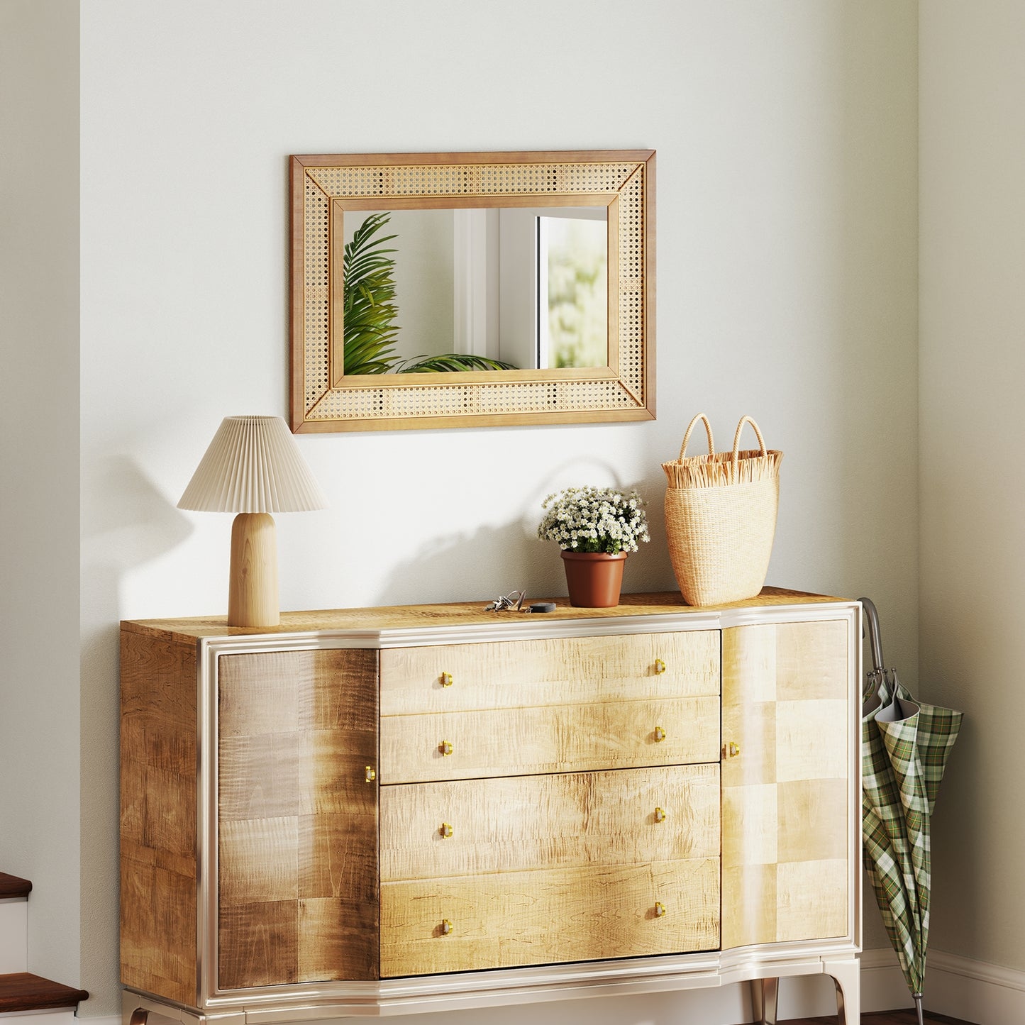 Bohemian Rattan Decorative Wall Mirror with Wooden Frame