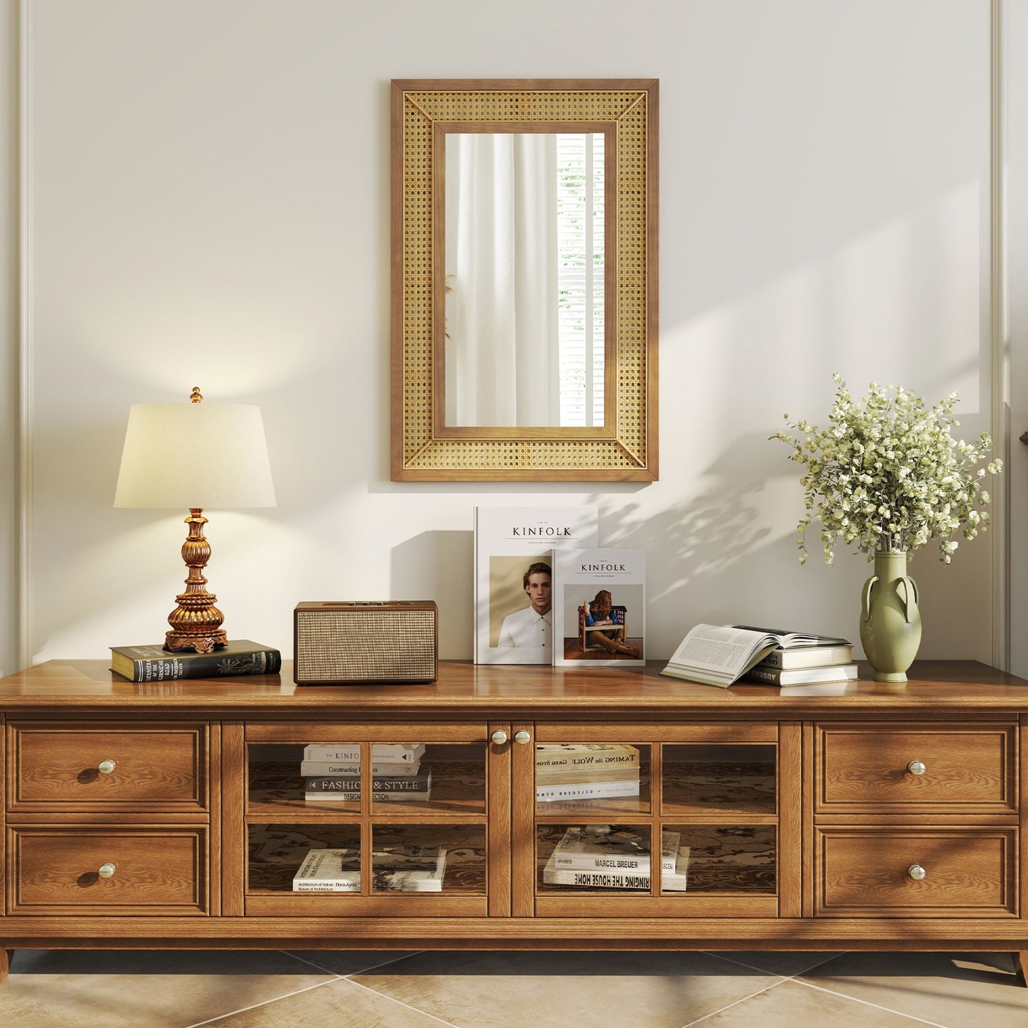 Bohemian Rattan Decorative Wall Mirror with Wooden Frame