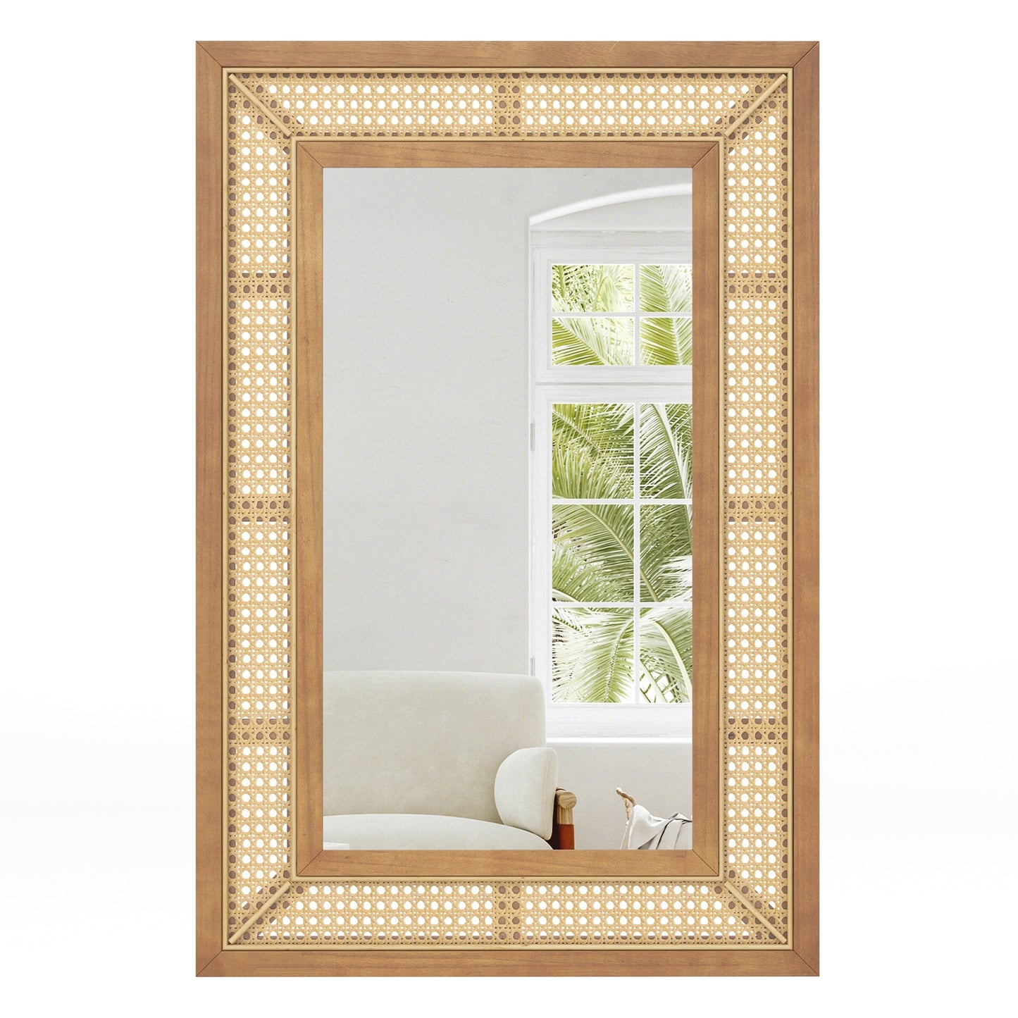 Bohemian Rattan Decorative Wall Mirror with Wooden Frame