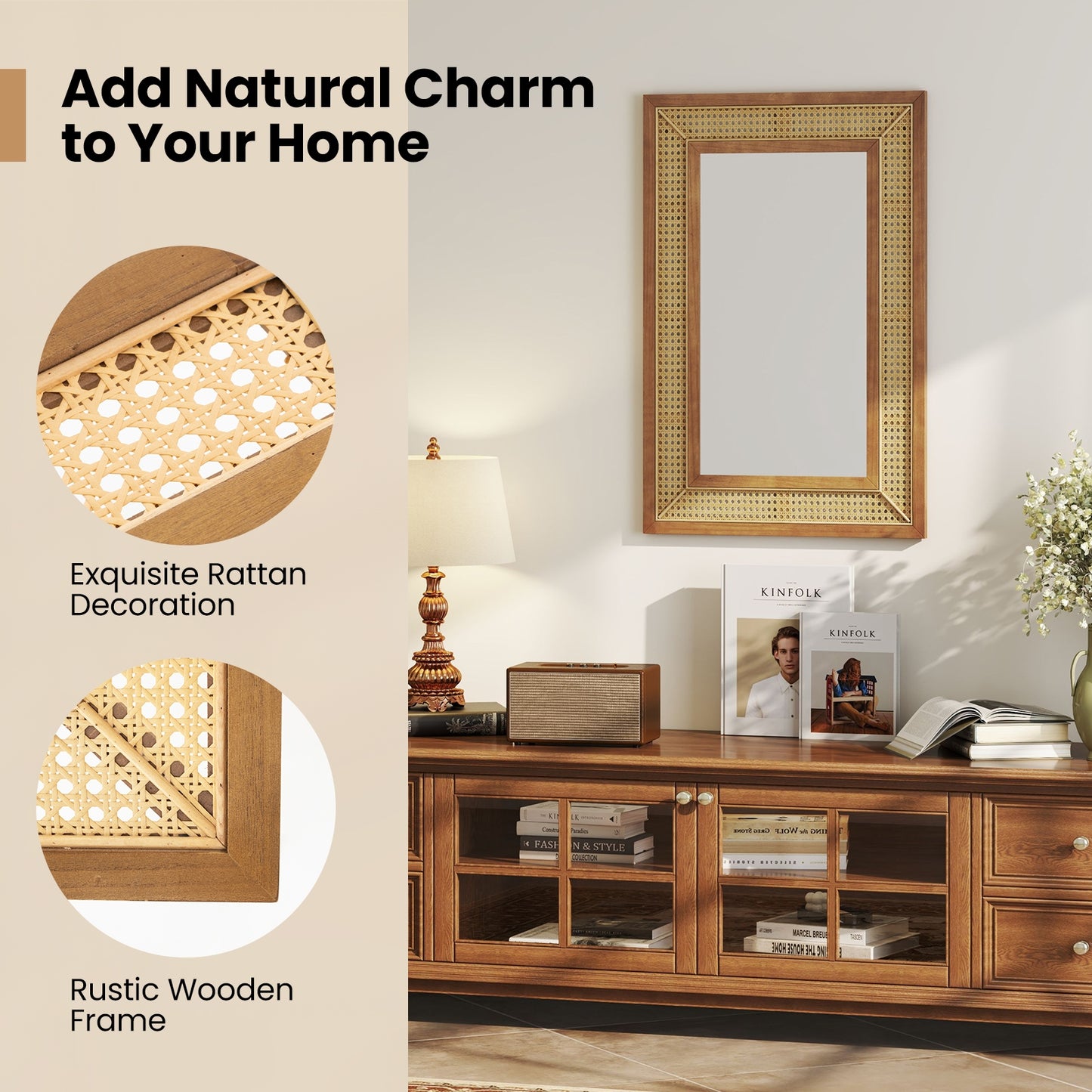 Bohemian Rattan Decorative Wall Mirror with Wooden Frame