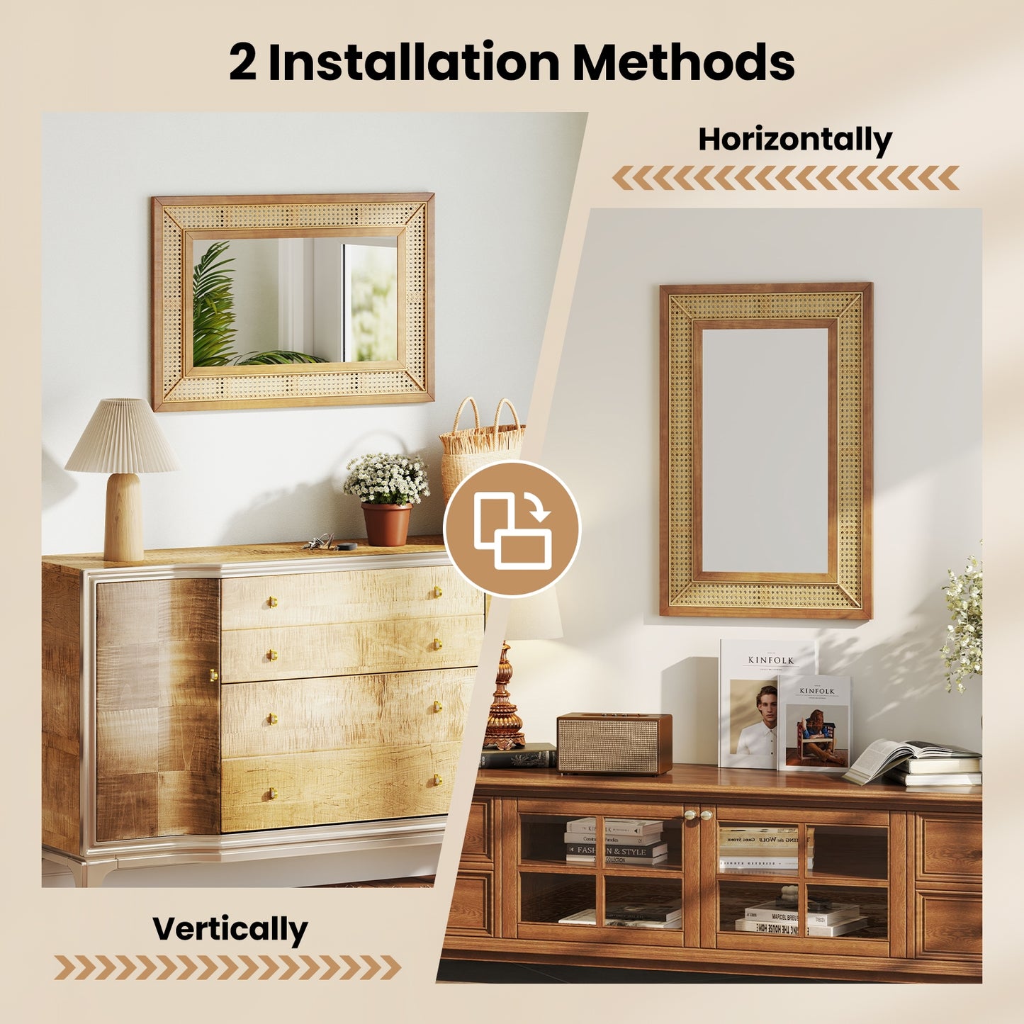 Bohemian Rattan Decorative Wall Mirror with Wooden Frame