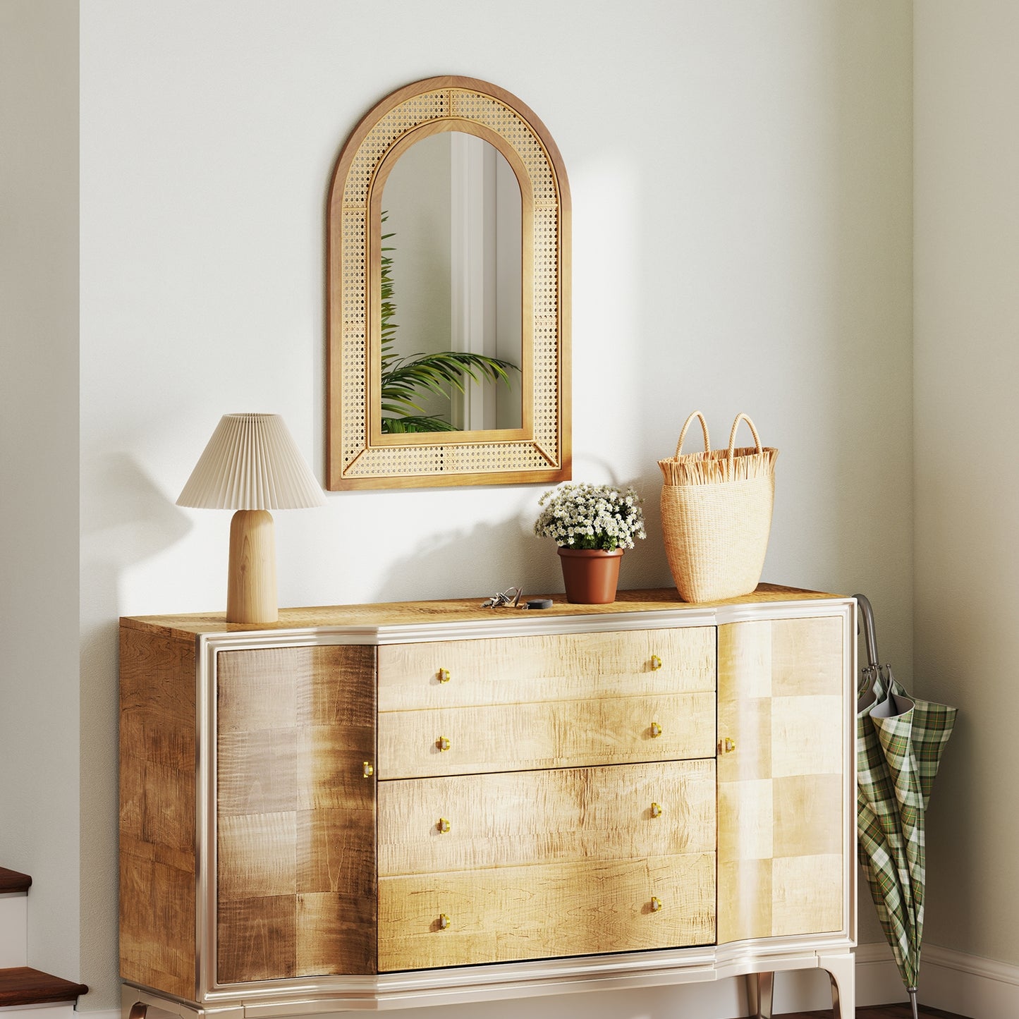 35.5 Inches x 23.5 Inches Rattan Wall Mirror with Rustic Wooden Frame