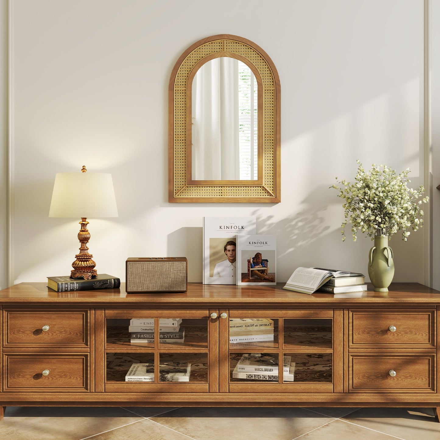 35.5 Inches x 23.5 Inches Rattan Wall Mirror with Rustic Wooden Frame