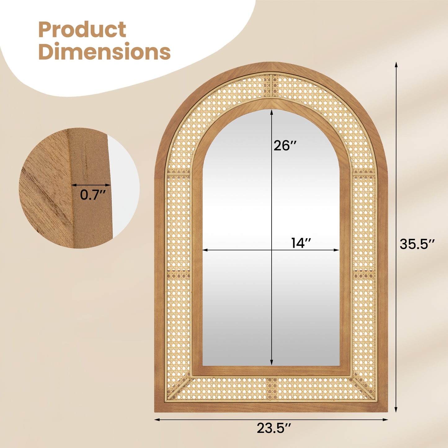 35.5 Inches x 23.5 Inches Rattan Wall Mirror with Rustic Wooden Frame