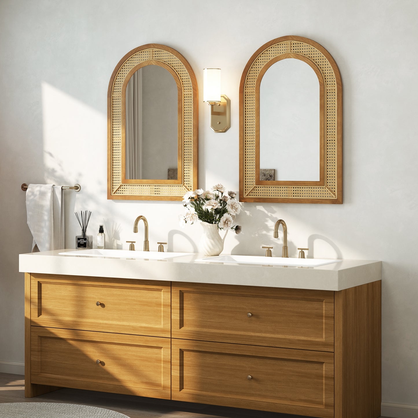35.5 Inches x 23.5 Inches Rattan Wall Mirror with Rustic Wooden Frame