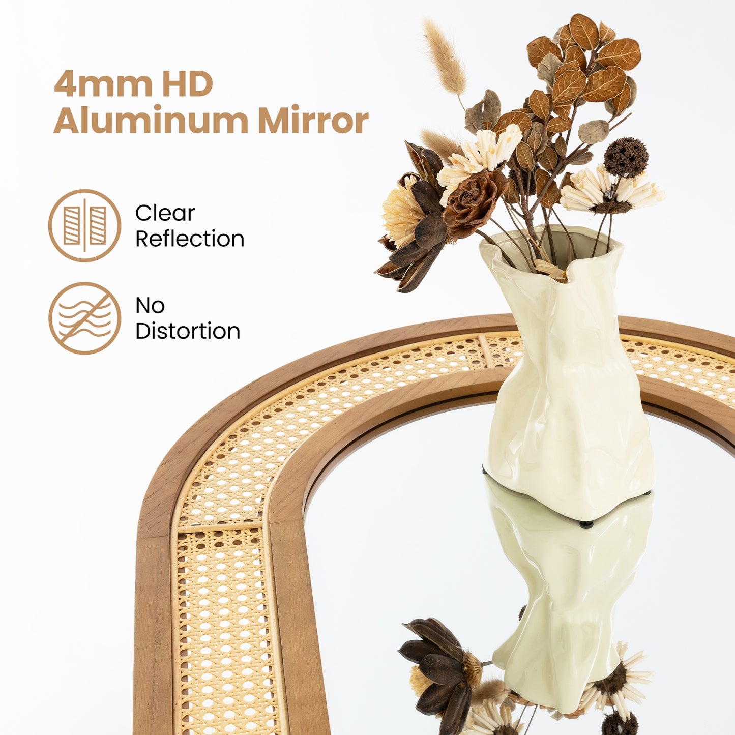 35.5 Inches x 23.5 Inches Rattan Wall Mirror with Rustic Wooden Frame
