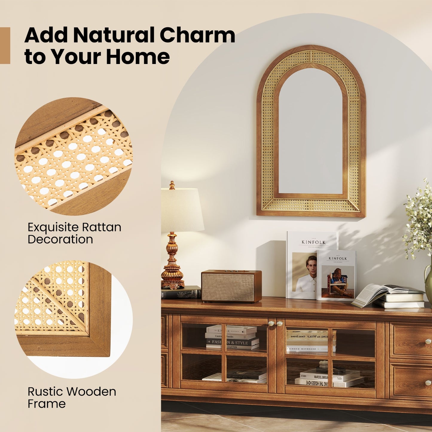 35.5 Inches x 23.5 Inches Rattan Wall Mirror with Rustic Wooden Frame