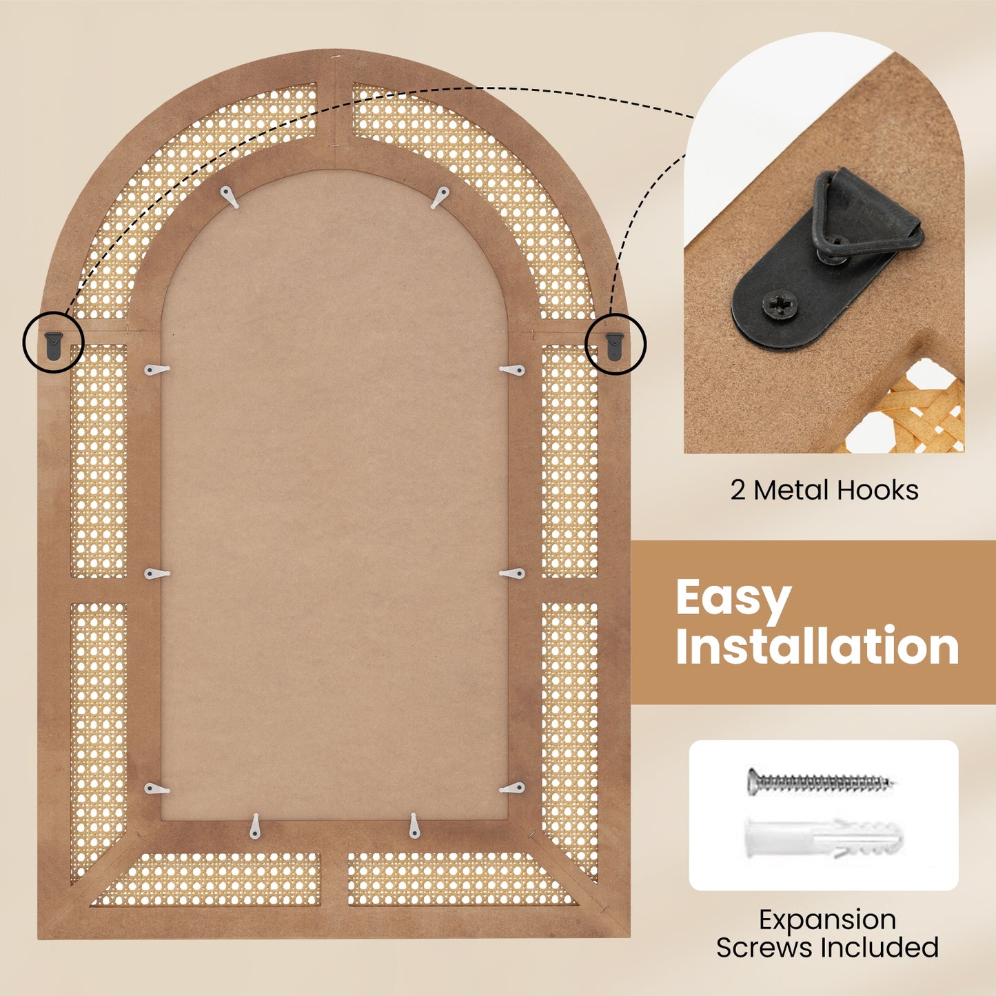 35.5 Inches x 23.5 Inches Rattan Wall Mirror with Rustic Wooden Frame