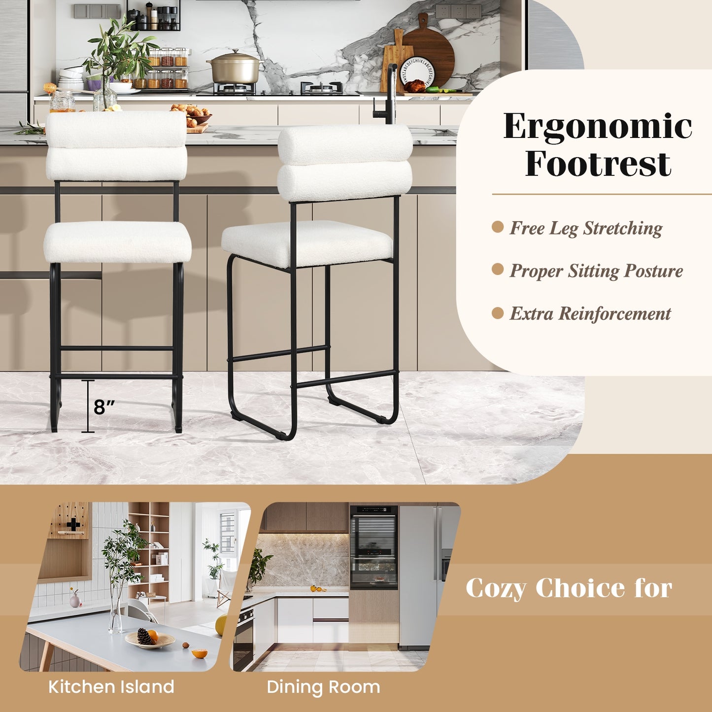 Counter Height Bar Stools Set of 2 with Metal Frame and Comfortable Footrest – 26 Inch, White