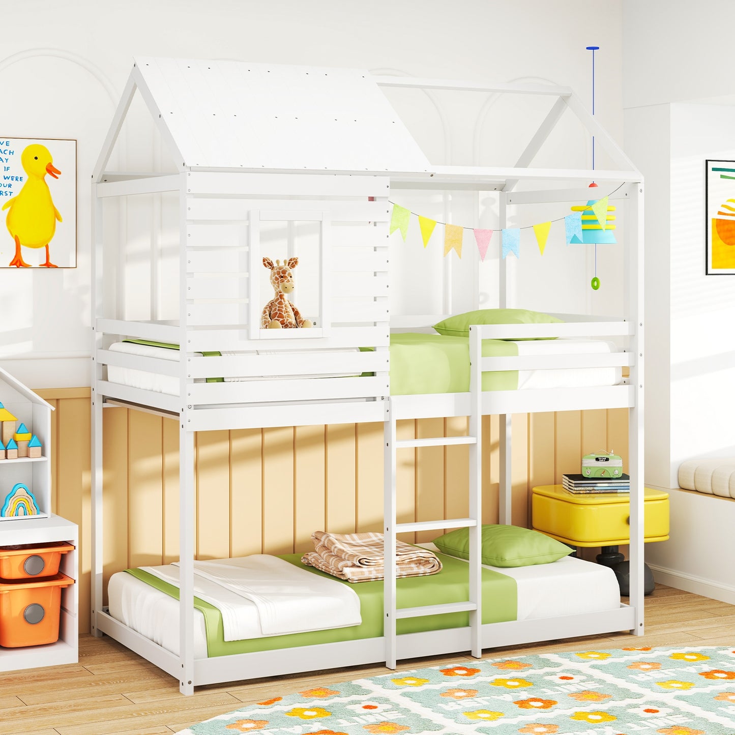 Charming Twin Over Twin House Bunk Bed with Roof, Window, and Safety Guardrails