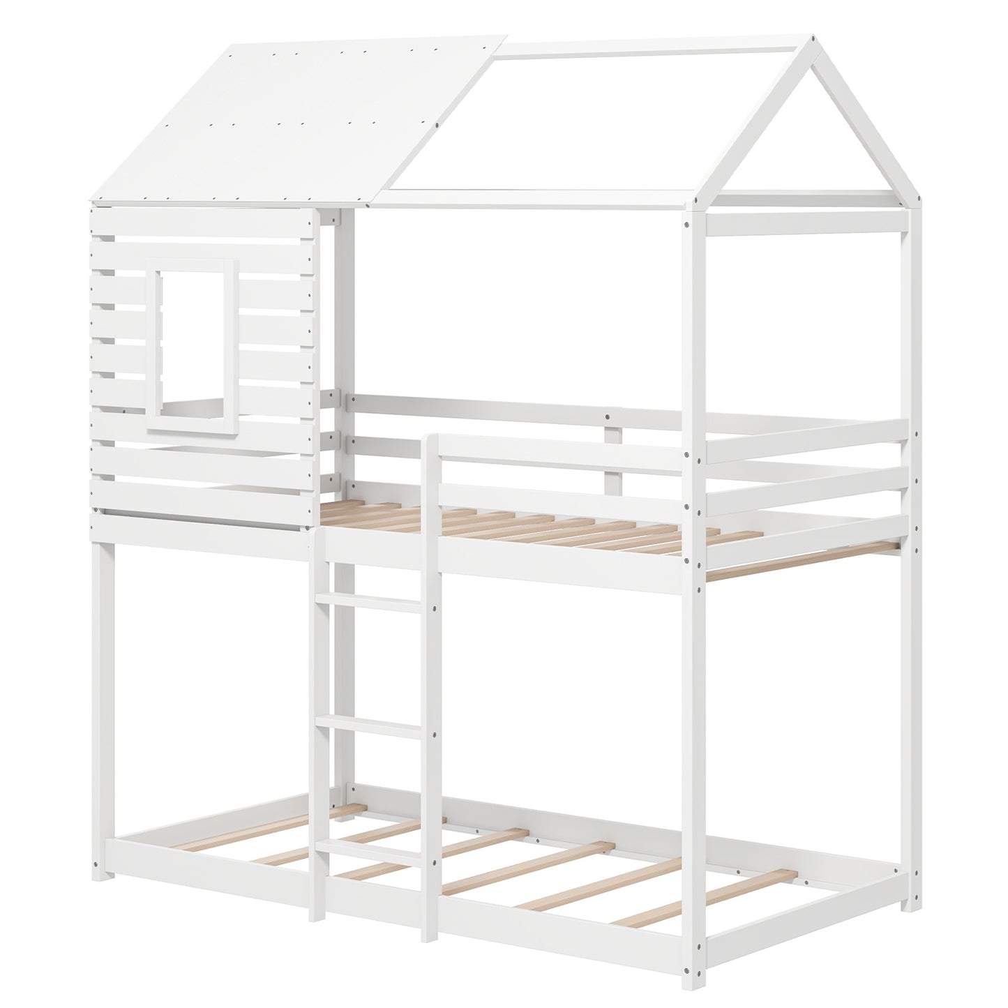 Charming Twin Over Twin House Bunk Bed with Roof, Window, and Safety Guardrails