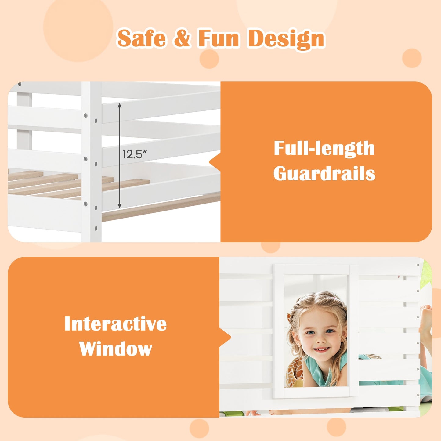 Charming Twin Over Twin House Bunk Bed with Roof, Window, and Safety Guardrails