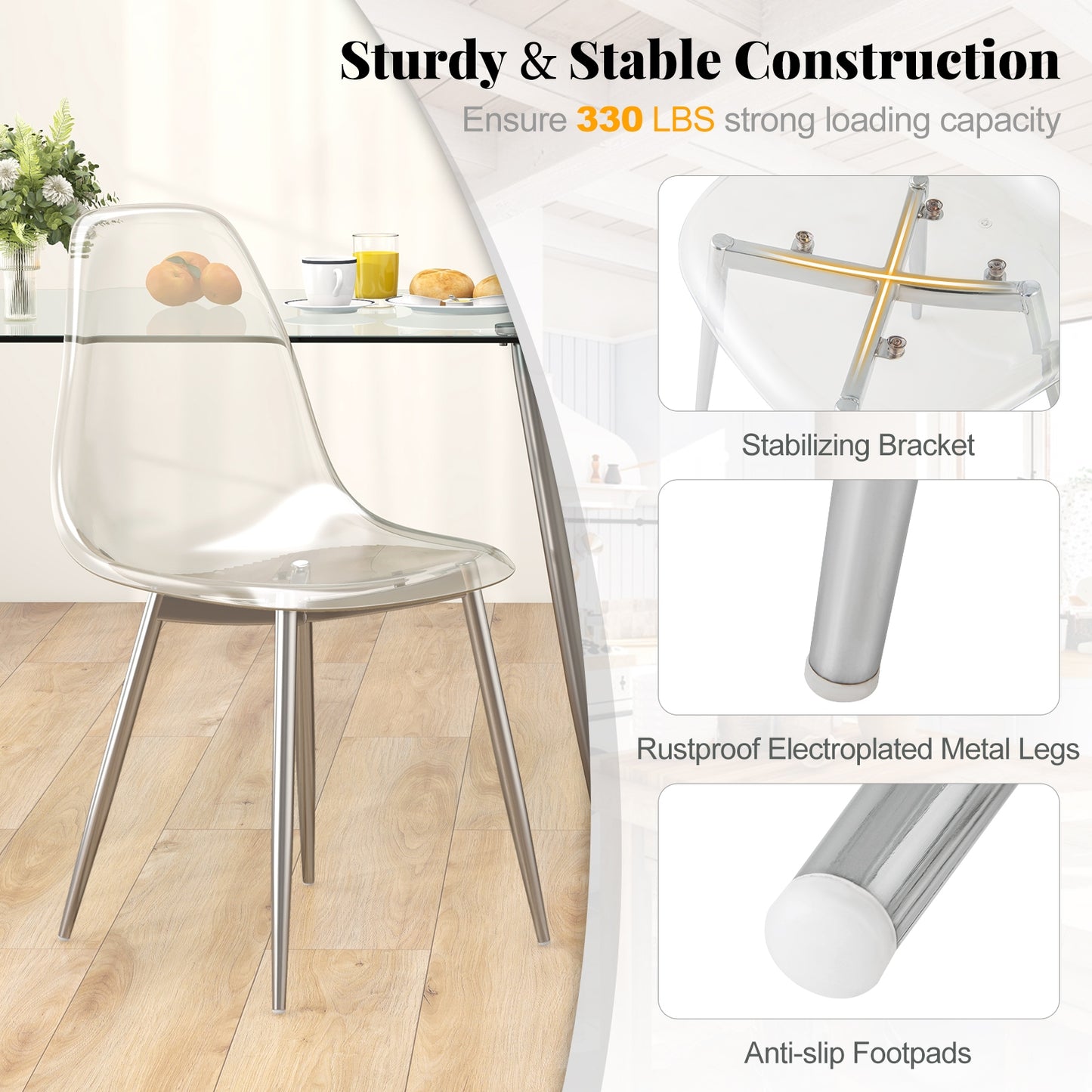 Modern Dining Chairs with Clear Plastic Shell and Silver Metal Legs - Set of 4