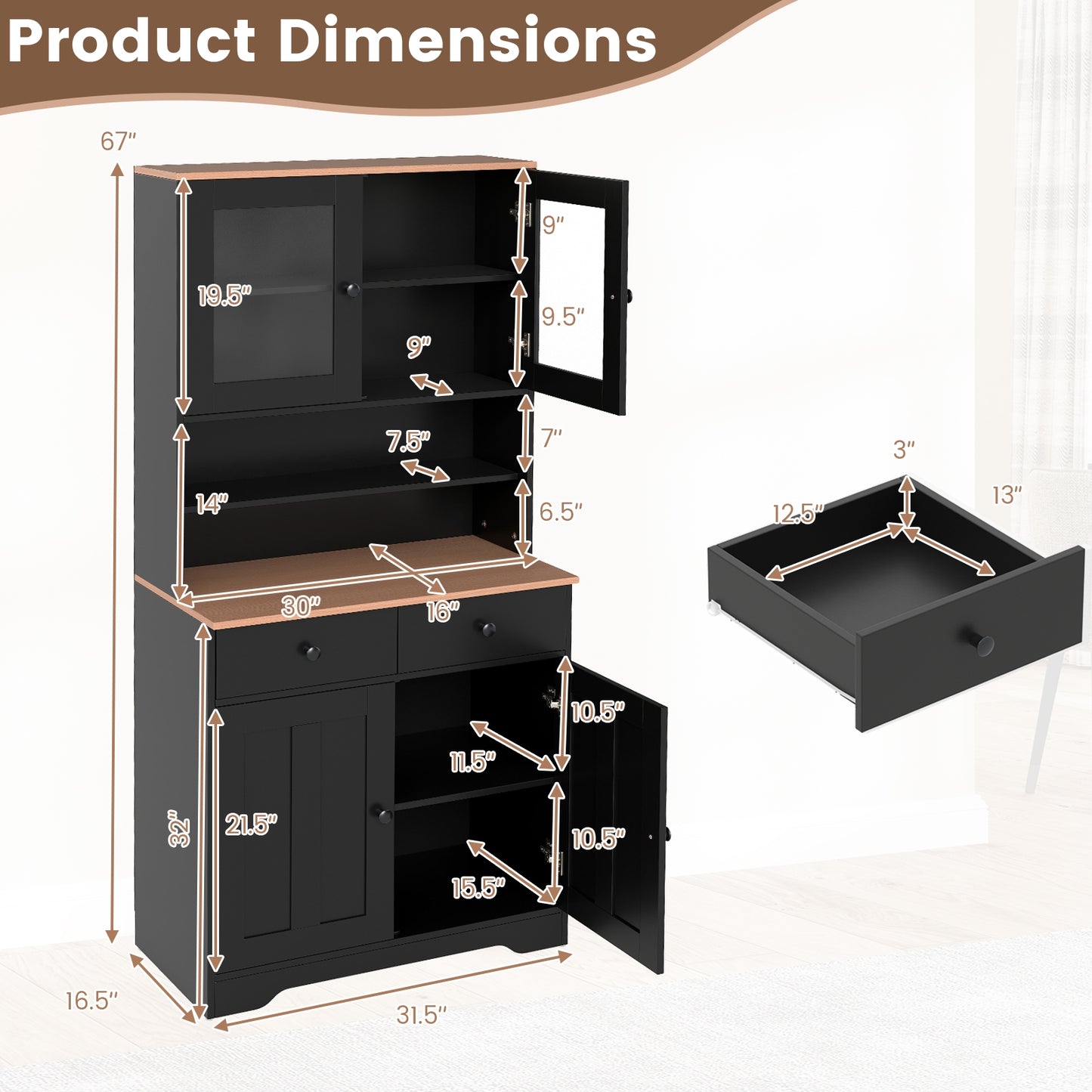 Kitchen Pantry Cabinet with Adjustable Shelves and Spacious Storage - Black