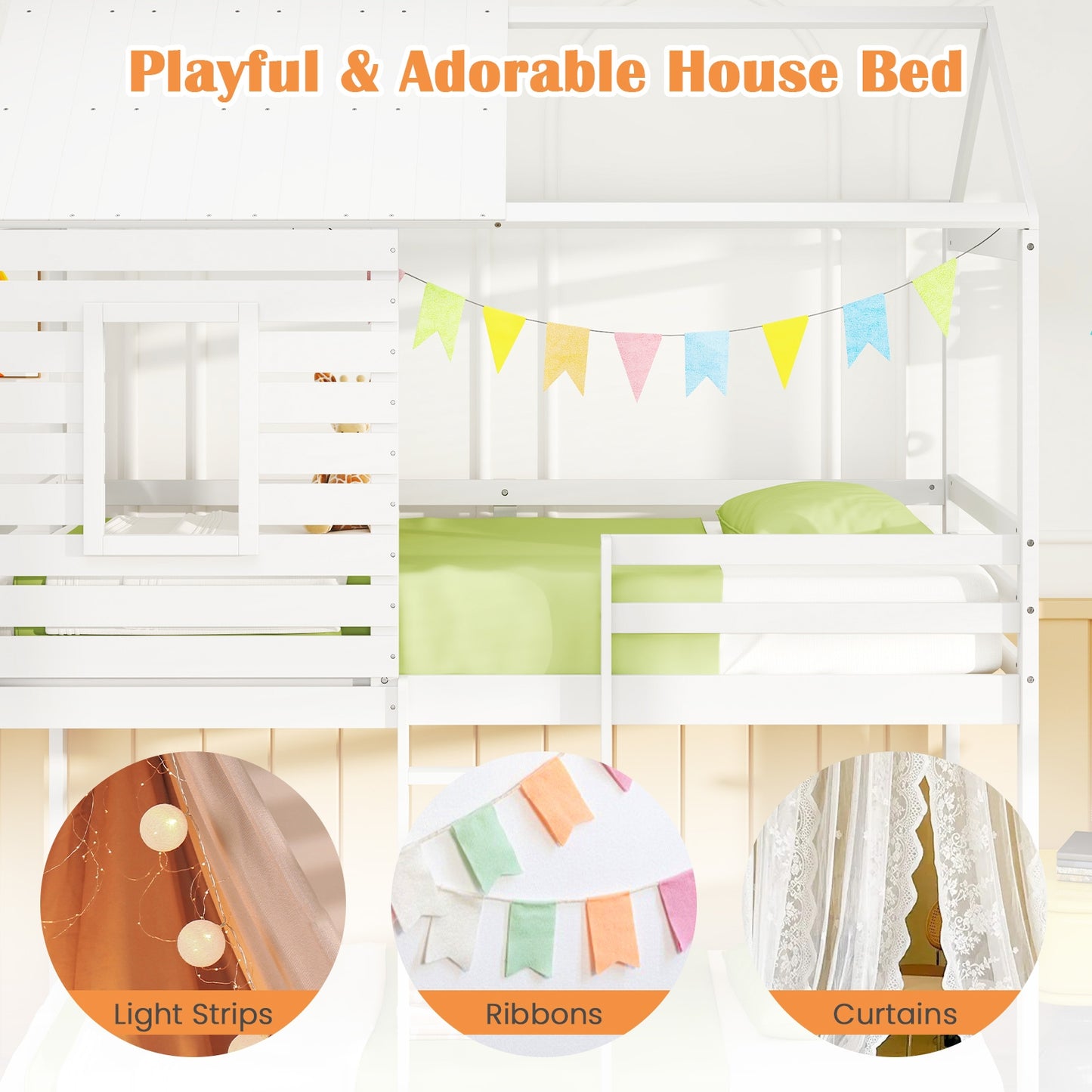 Charming Twin Over Twin House Bunk Bed with Roof, Window, and Safety Guardrails