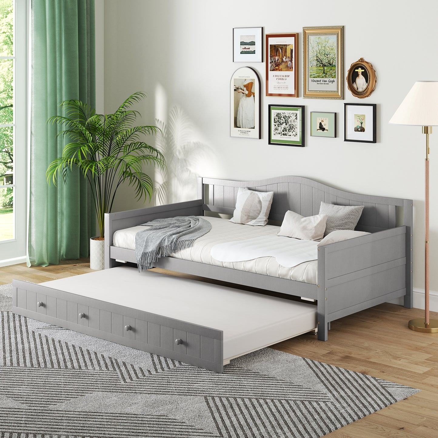 Twin Size Daybed with Trundle, Slat Support & Rolling Wheels - Grey