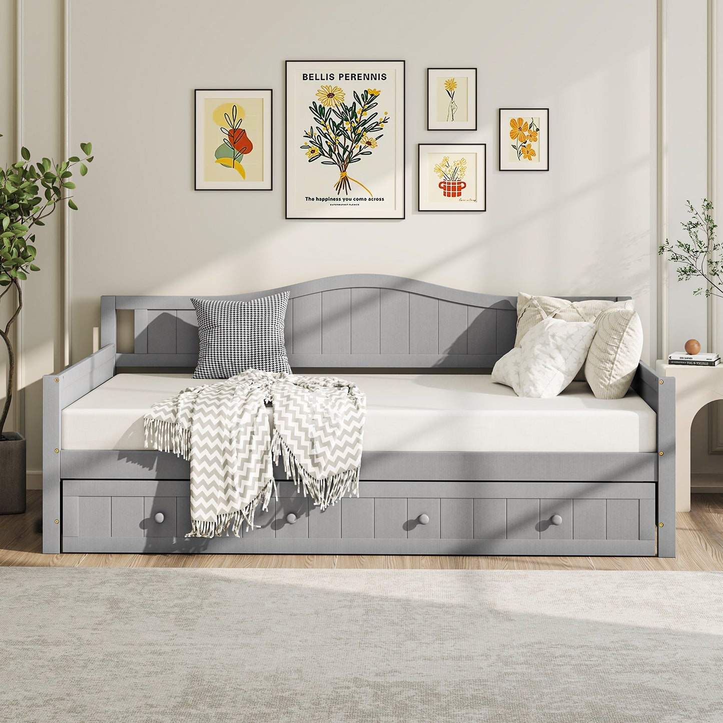 Twin Size Daybed with Trundle, Slat Support & Rolling Wheels - Grey