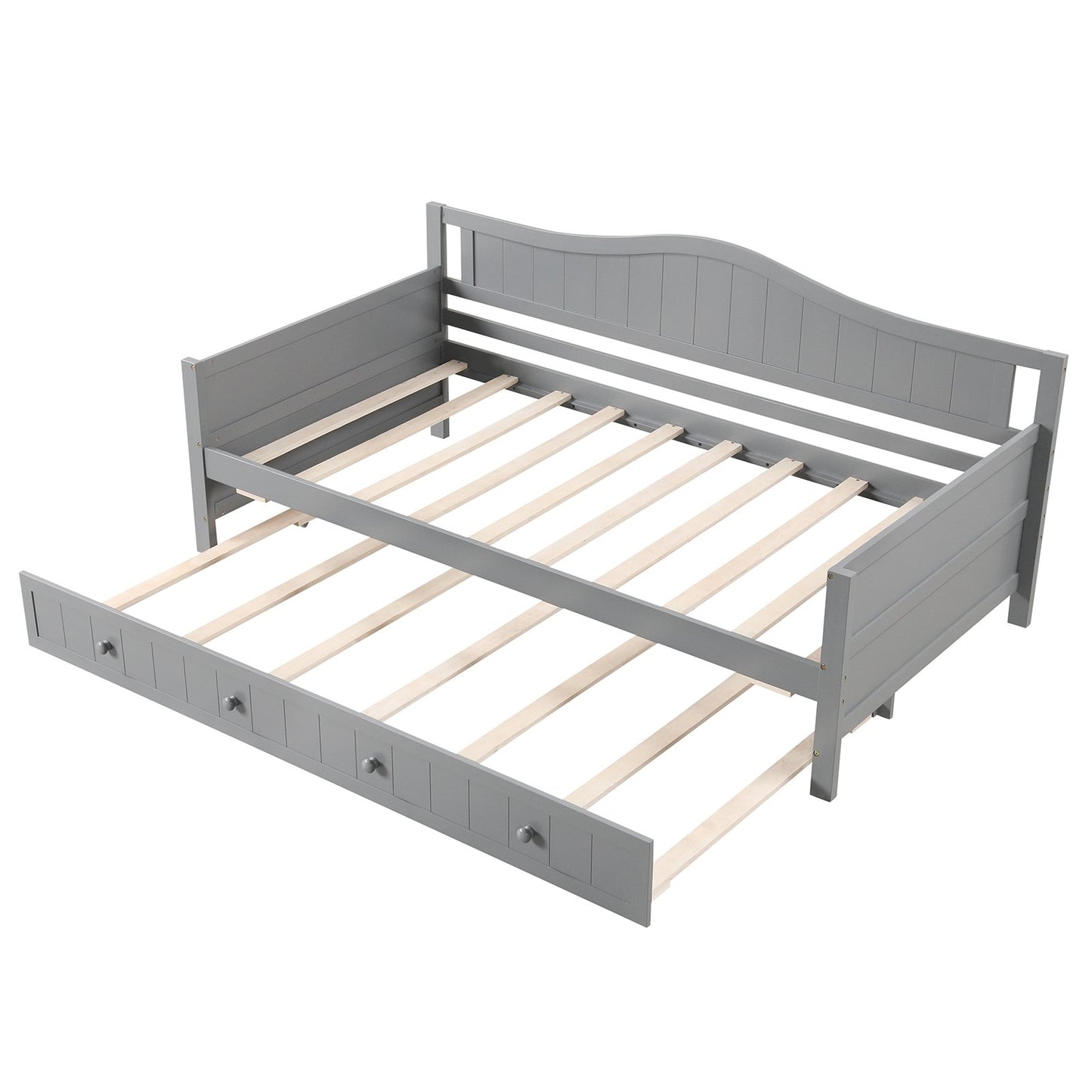 Twin Size Daybed with Trundle, Slat Support & Rolling Wheels - Grey