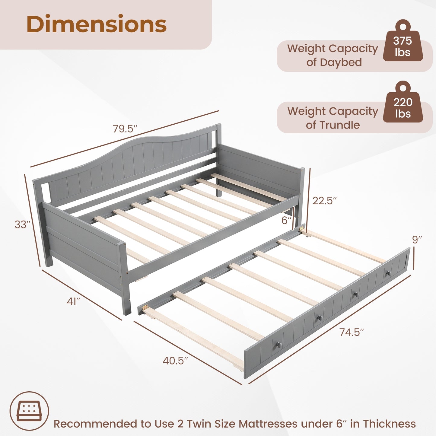 Twin Size Daybed with Trundle, Slat Support & Rolling Wheels - Grey