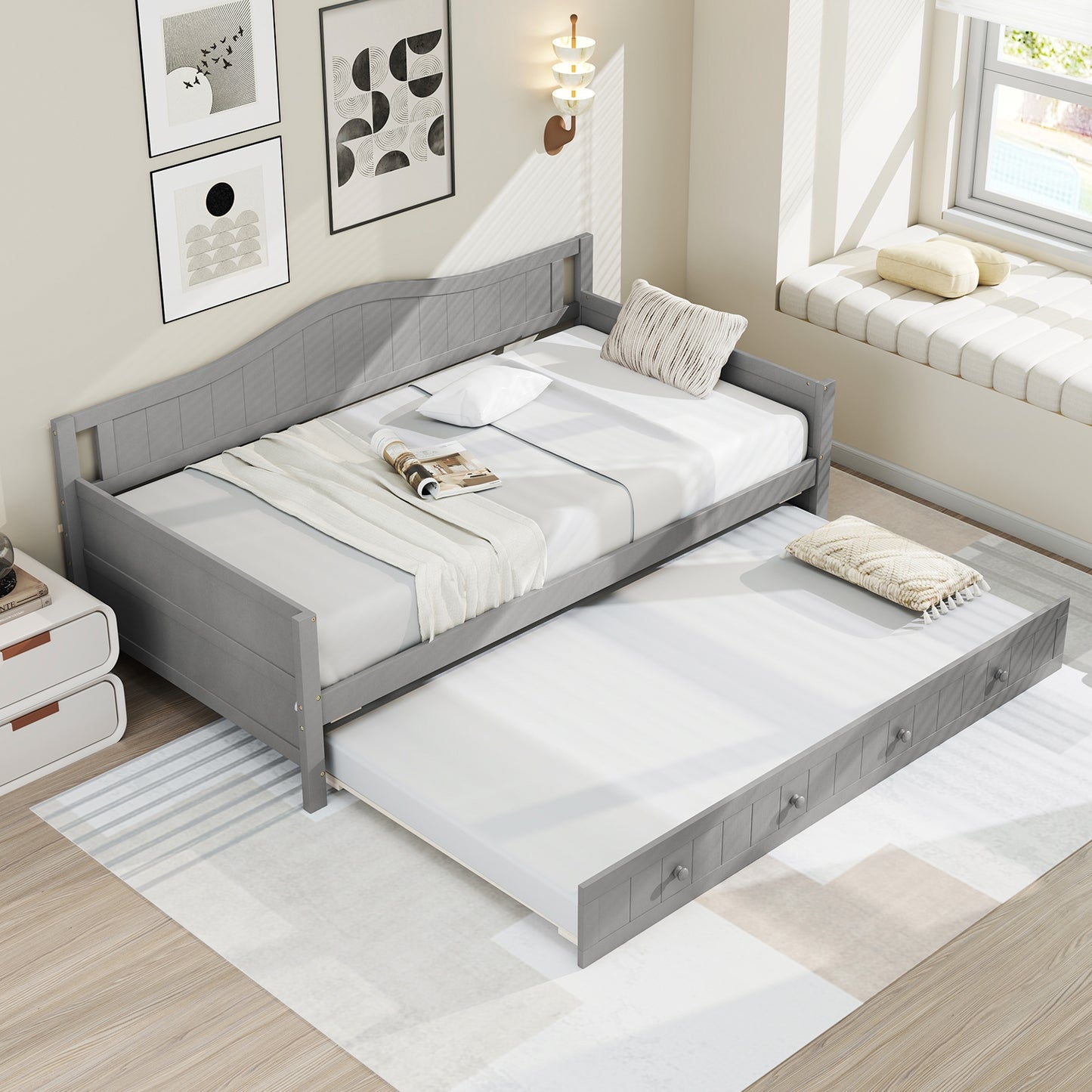 Twin Size Daybed with Trundle, Slat Support & Rolling Wheels - Grey