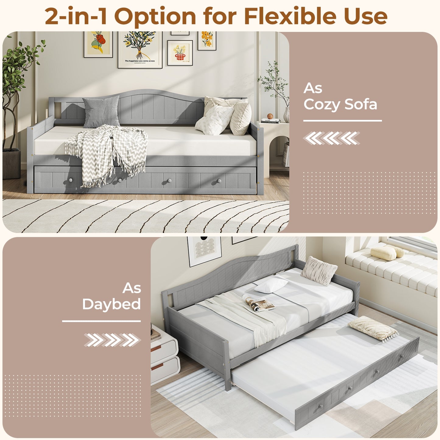 Twin Size Daybed with Trundle, Slat Support & Rolling Wheels - Grey