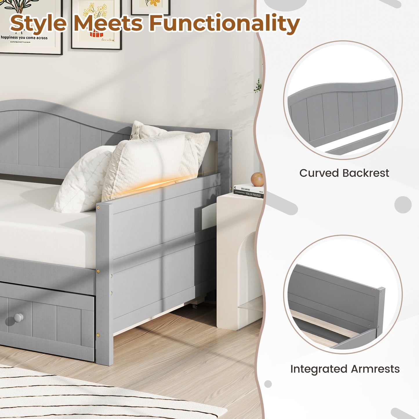 Twin Size Daybed with Trundle, Slat Support & Rolling Wheels - Grey