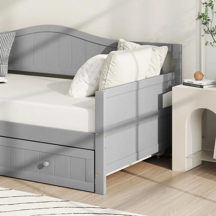 Twin Size Daybed with Trundle, Slat Support & Rolling Wheels - Grey