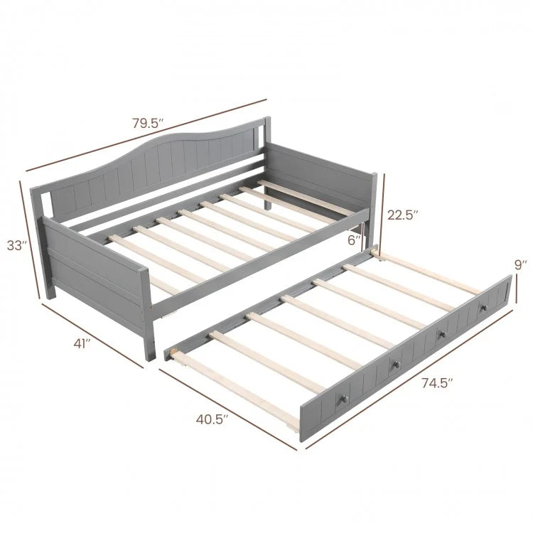 Twin Size Daybed with Trundle, Slat Support & Rolling Wheels - Grey