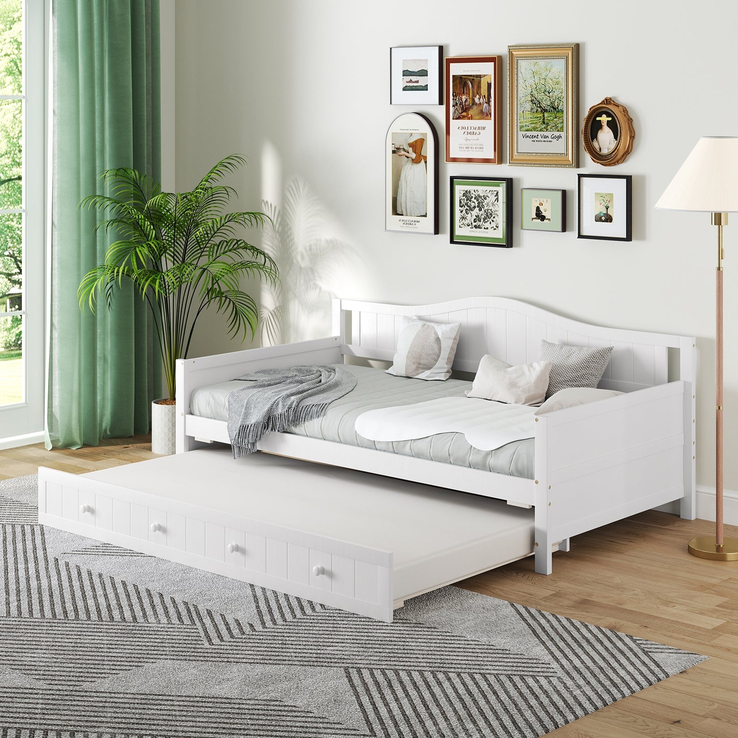 Twin Size Daybed with Trundle, Slat Support & Rolling Wheels - White