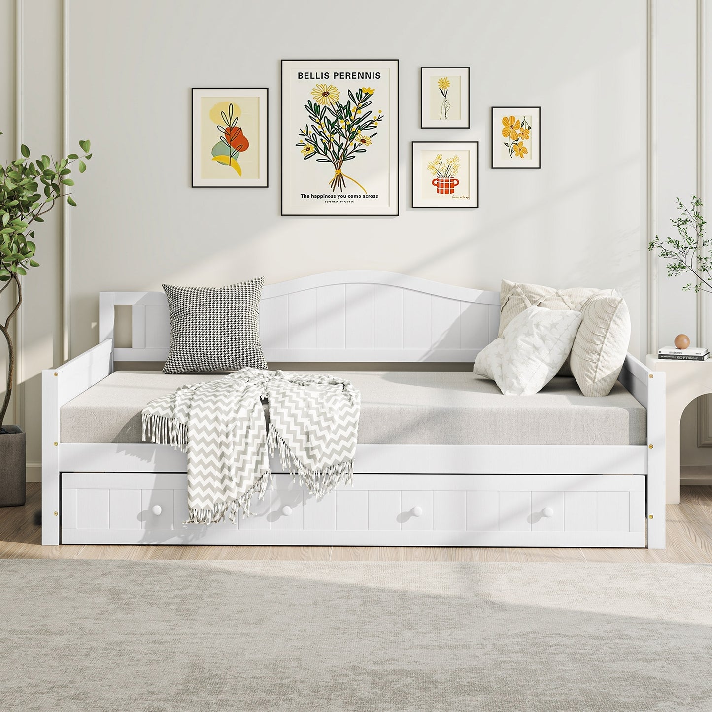 Twin Size Daybed with Trundle, Slat Support & Rolling Wheels - White