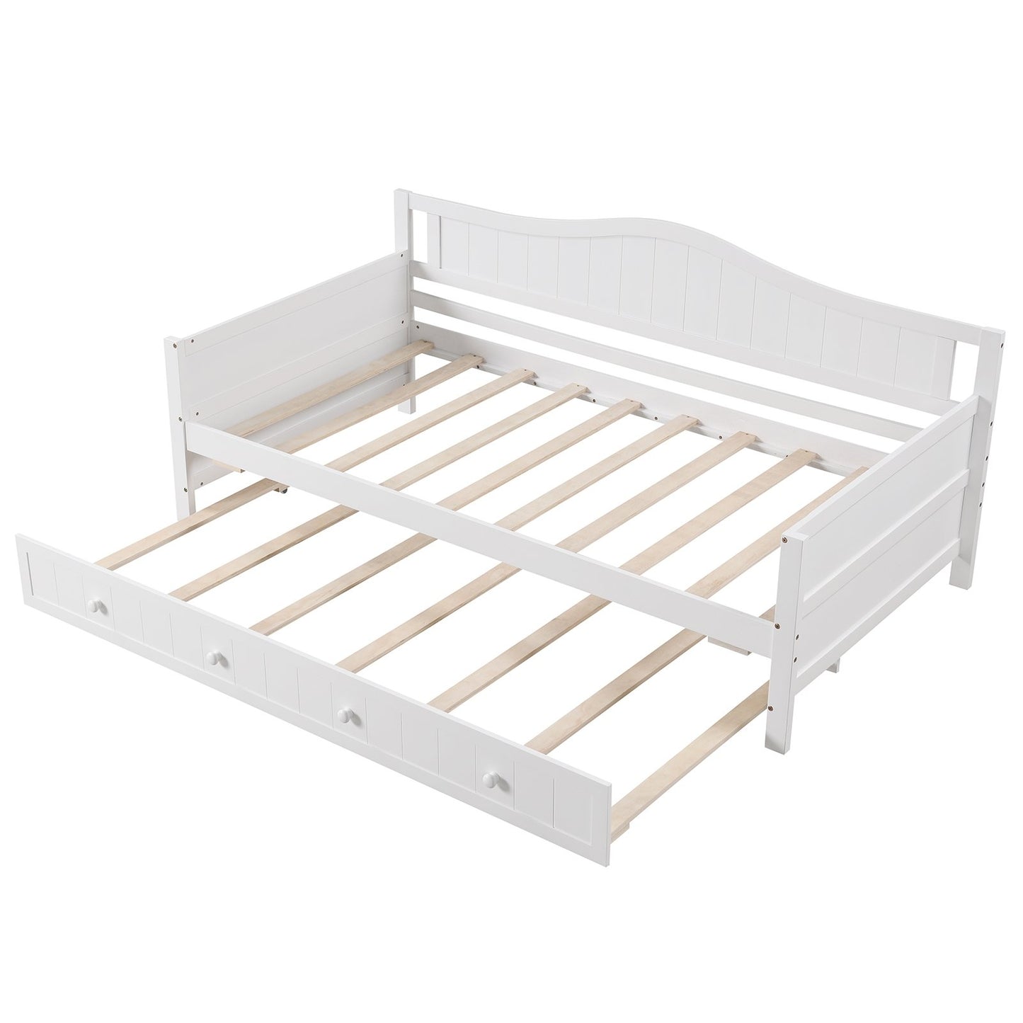 Twin Size Daybed with Trundle, Slat Support & Rolling Wheels - White