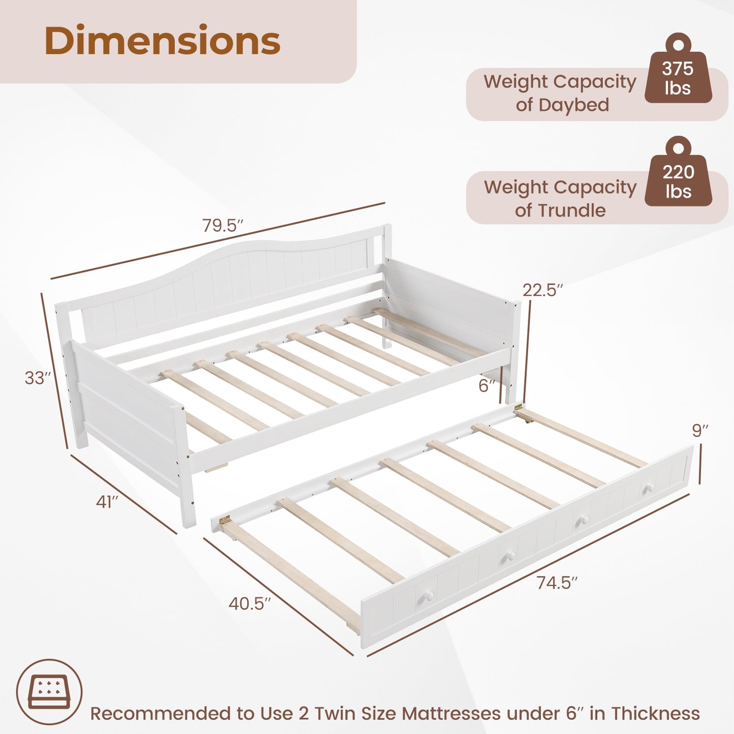 Twin Size Daybed with Trundle, Slat Support & Rolling Wheels - White