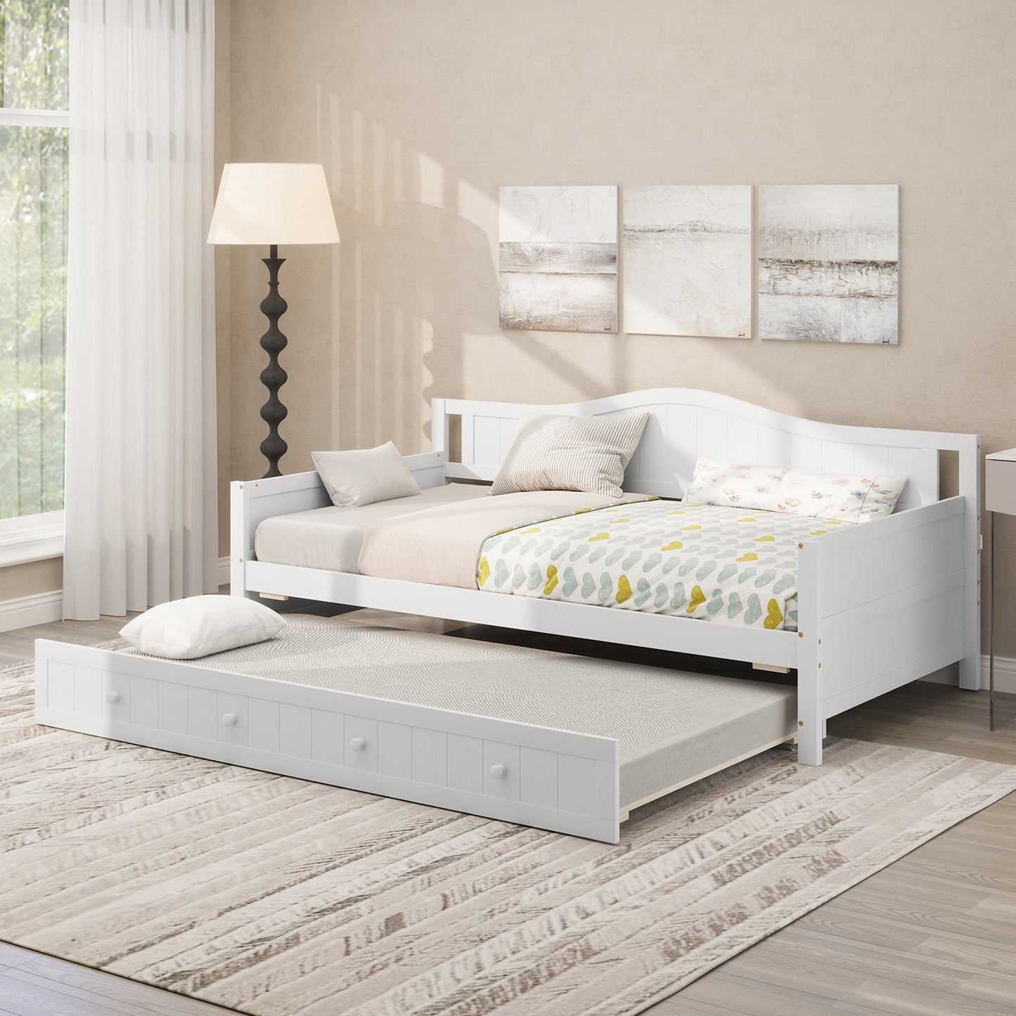 Twin Size Daybed with Trundle, Slat Support & Rolling Wheels - White