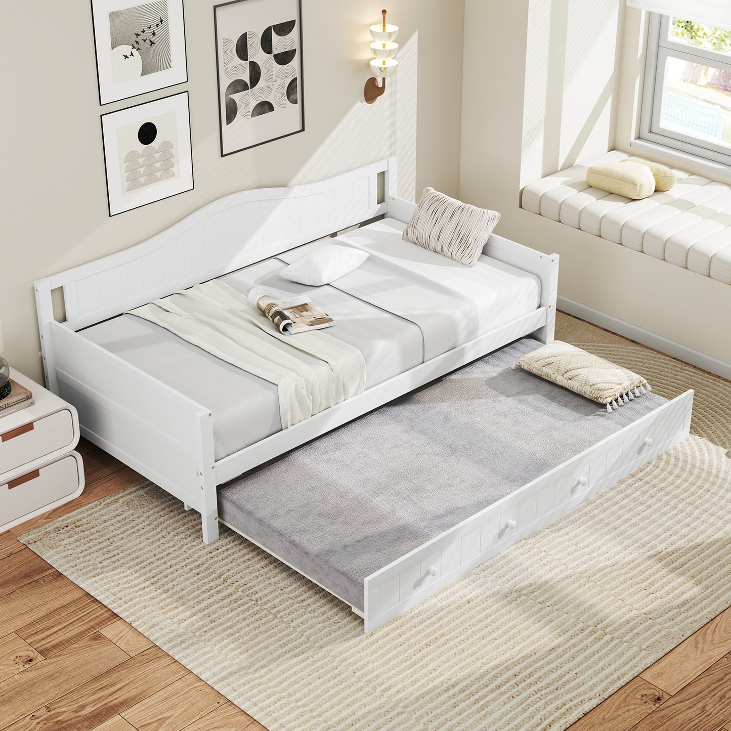 Twin Size Daybed with Trundle, Slat Support & Rolling Wheels - White