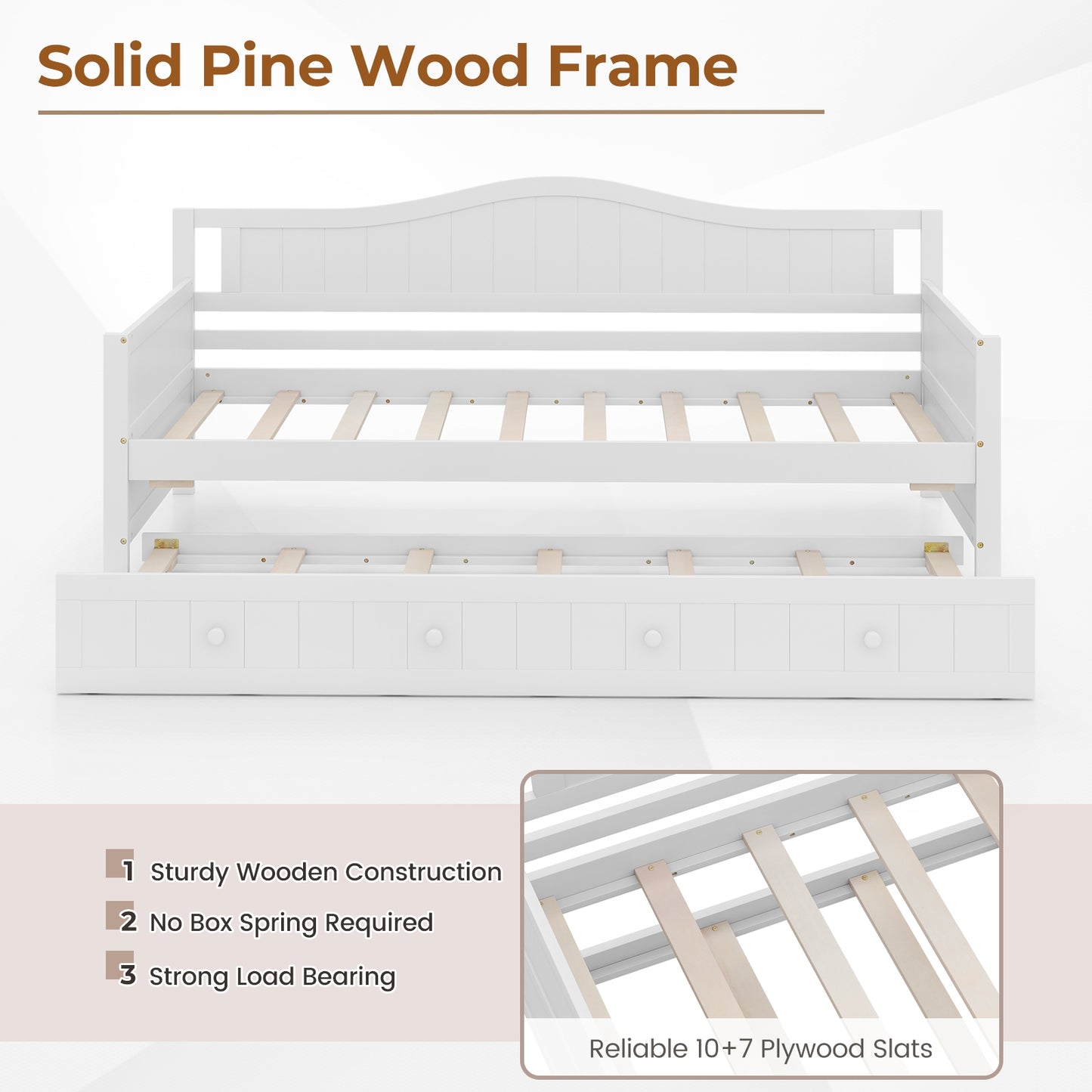 Twin Size Daybed with Trundle, Slat Support & Rolling Wheels - White