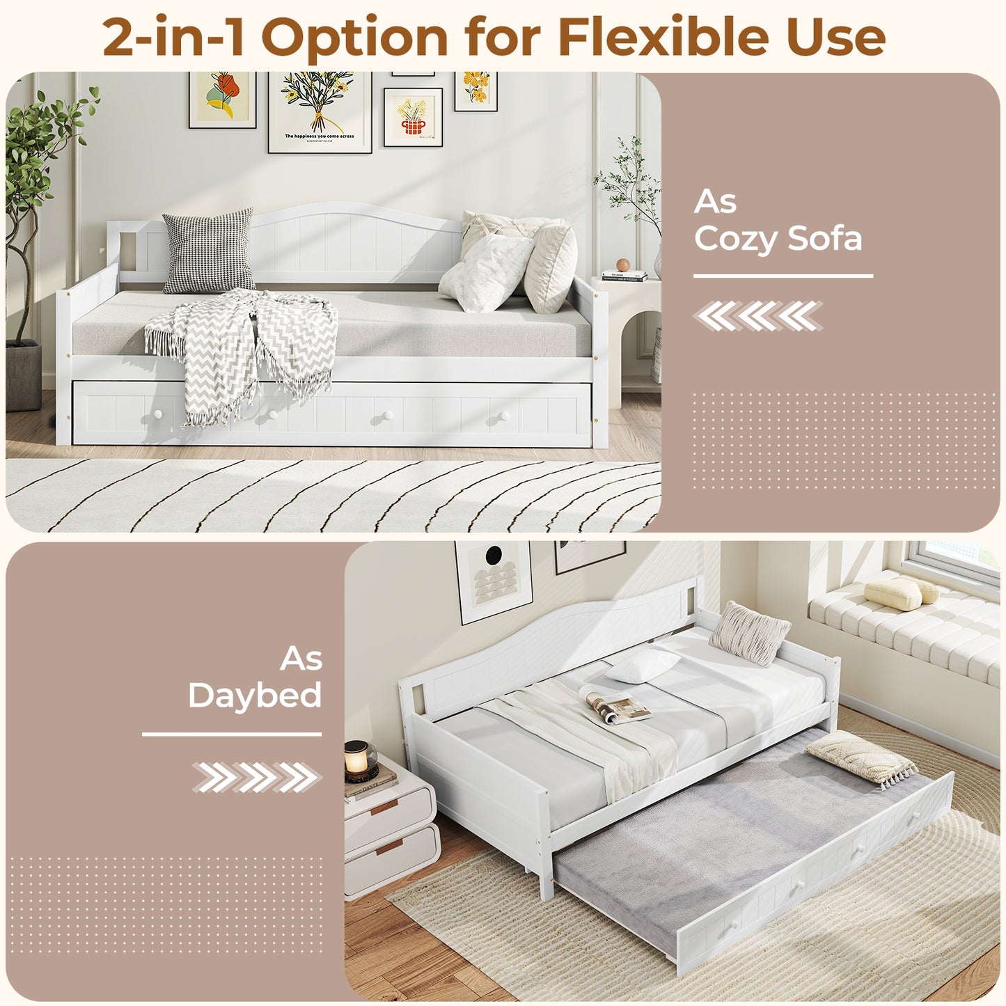 Twin Size Daybed with Trundle, Slat Support & Rolling Wheels - White