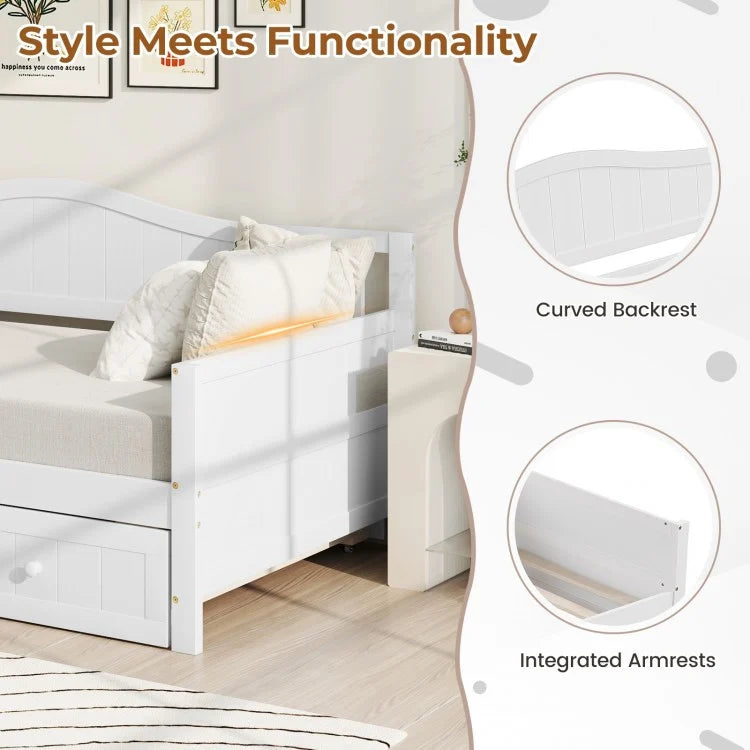 Twin Size Daybed with Trundle, Slat Support & Rolling Wheels - White