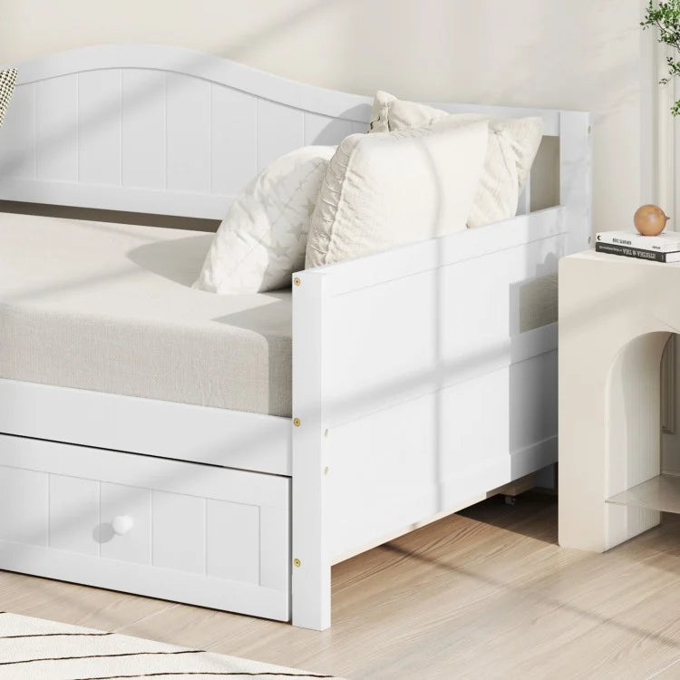 Twin Size Daybed with Trundle, Slat Support & Rolling Wheels - White
